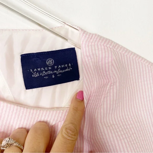 Lauren James Seersucker Pink White Open Back Dress Size Small - Picture 8 of 8